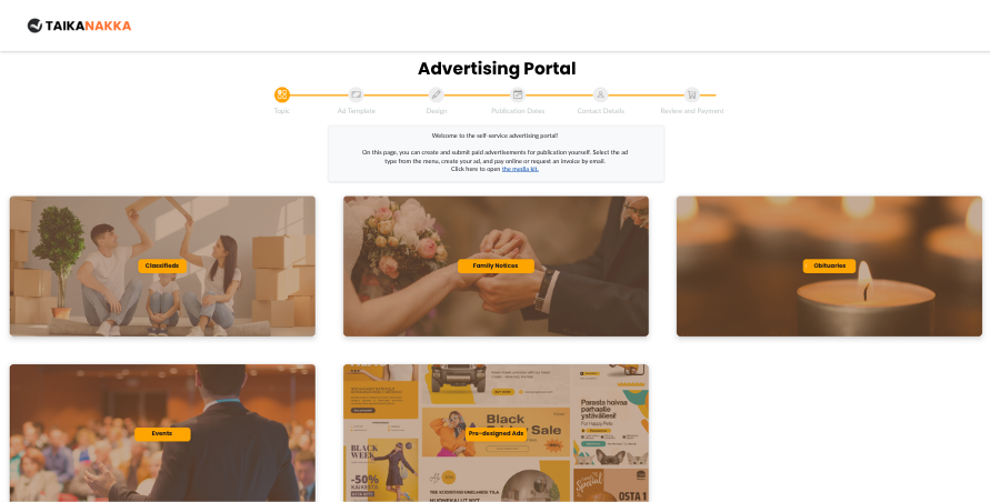 Main page of a self-service advertising portal with options to create an ad, select ad type, and proceed through steps including design, publication dates, contact details, and payment.
