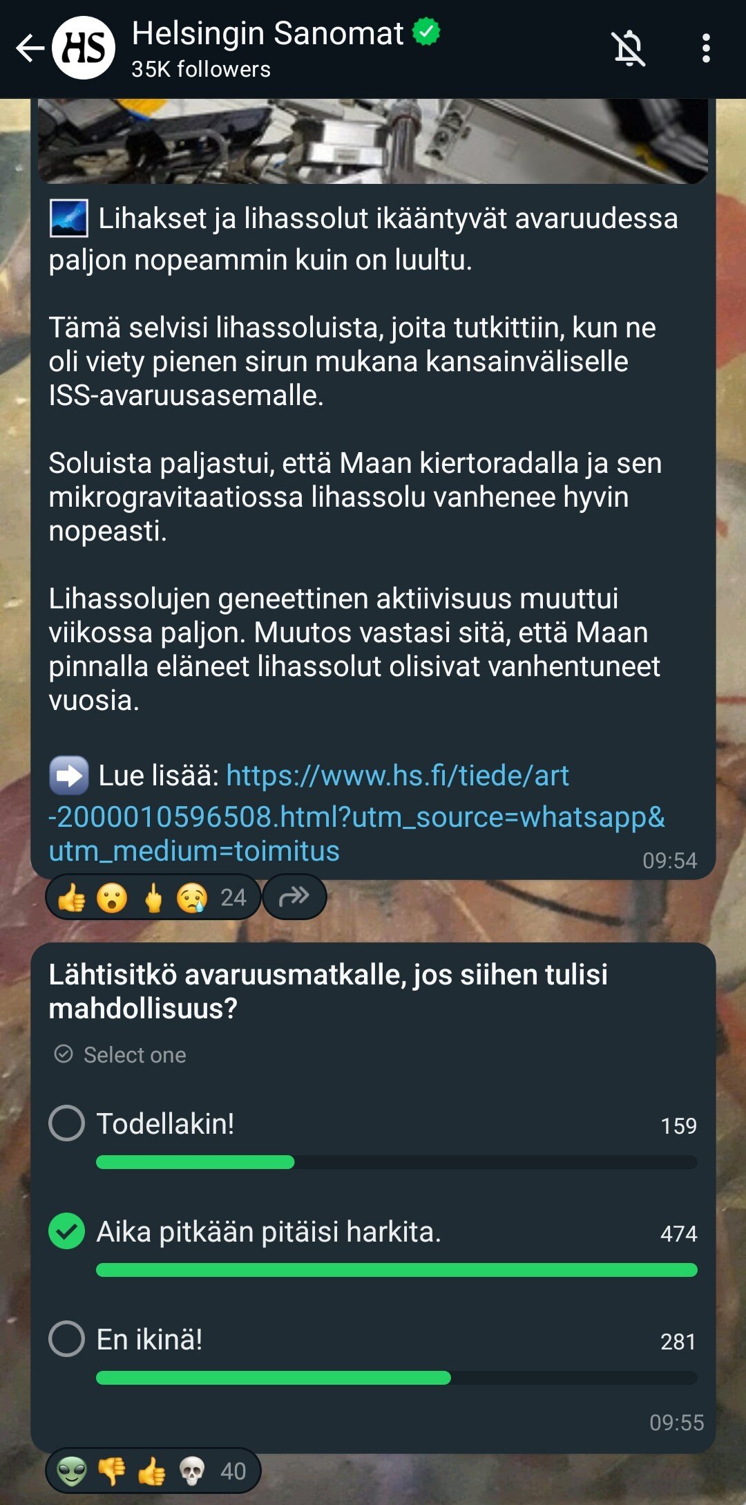 Kuvankaappaus Helsingin Sanomien WhatsApp Broadcast kanavasta