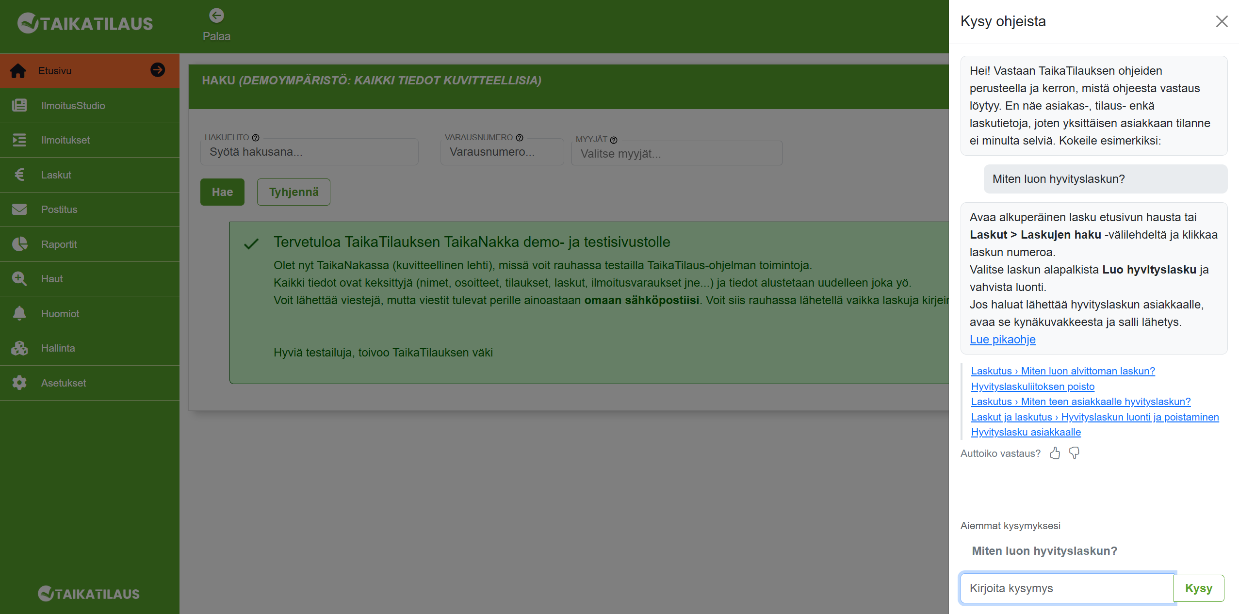 TaikaTilauksen tekoälychatbot