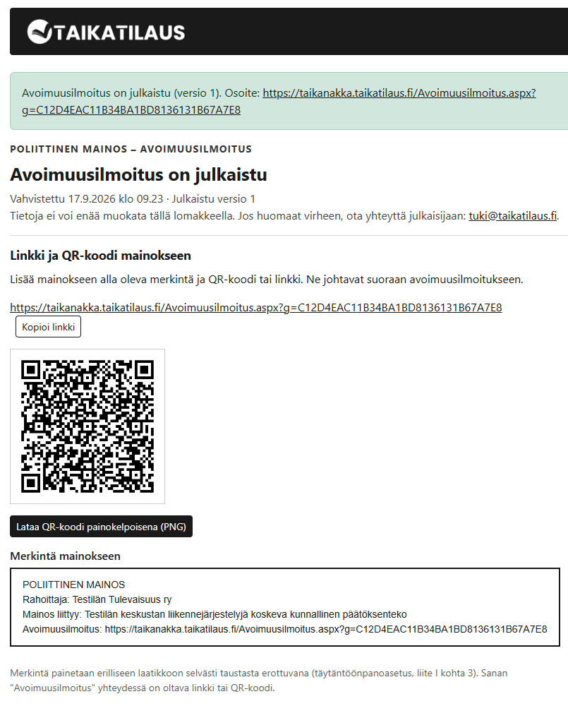 Esimerkki täytetystä avoimuusilmoituksesta