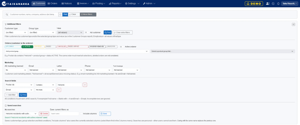 TaikaTilaus customer search interface showing advanced filtering options for subscriptions, customer information, marketing permissions and saved searches.