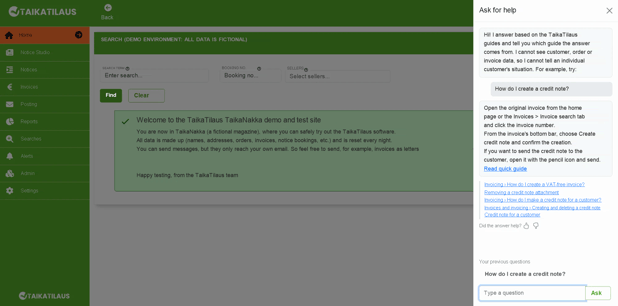 TaikaTilaus AI support chatbot answering a question about creating a credit note, with step-by-step instructions and links to relevant help articles.