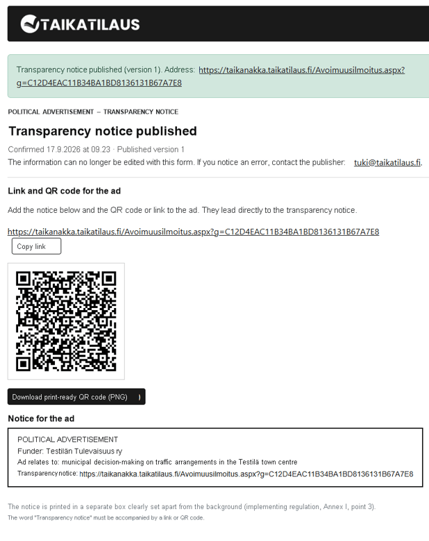 TaikaTilaus political advertising transparency notice showing a published notice, a shareable link, a downloadable QR code and the required advertisement details.